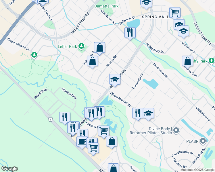 map of restaurants, bars, coffee shops, grocery stores, and more near in Brampton