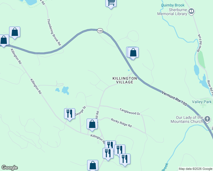 map of restaurants, bars, coffee shops, grocery stores, and more near 27 Timberline Drive Extension in Killington