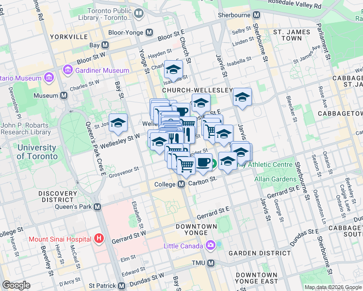 map of restaurants, bars, coffee shops, grocery stores, and more near 25 Maitland Street in Toronto