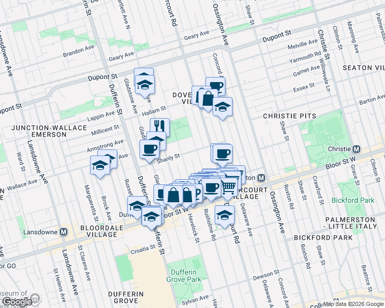 map of restaurants, bars, coffee shops, grocery stores, and more near 57 Shanly Street in Toronto