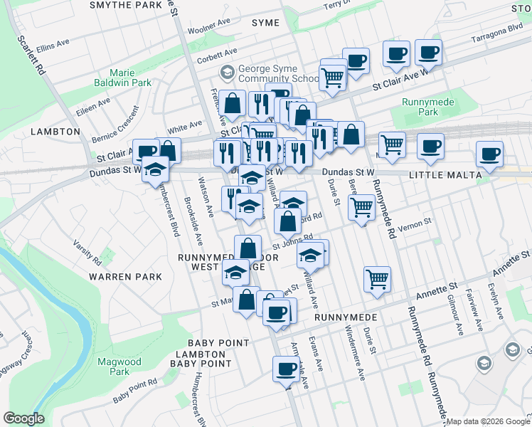 map of restaurants, bars, coffee shops, grocery stores, and more near 115 Priscilla Avenue in Toronto