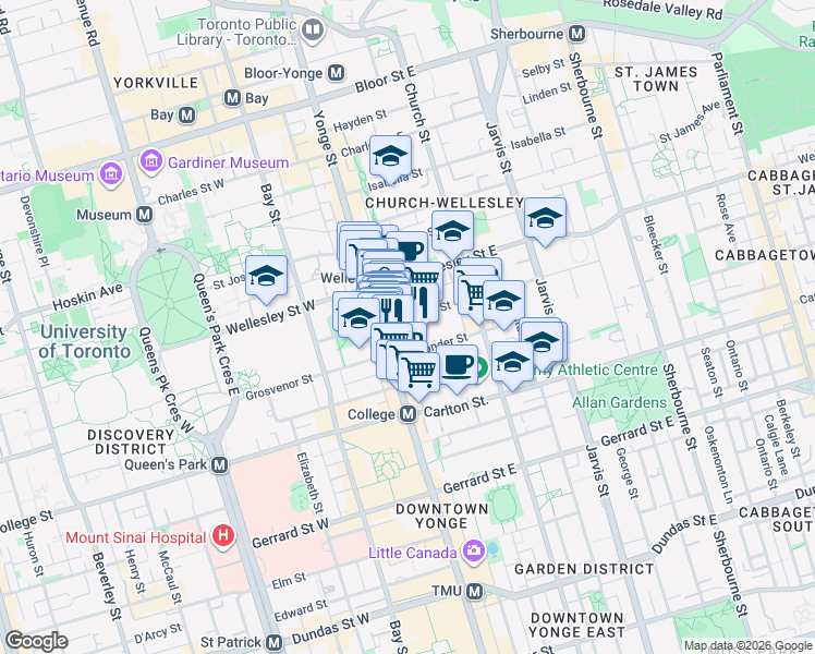 map of restaurants, bars, coffee shops, grocery stores, and more near 25 Maitland Street in Toronto