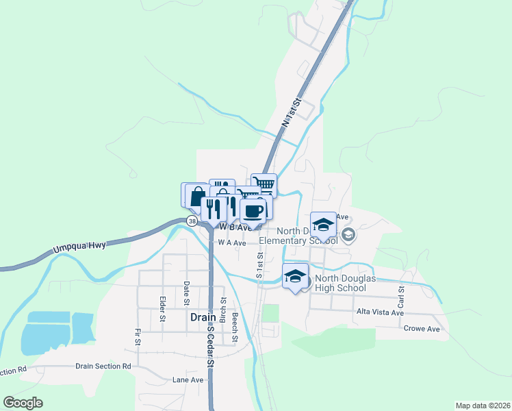 map of restaurants, bars, coffee shops, grocery stores, and more near 311 North 1st Street in Drain
