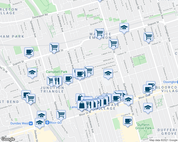 map of restaurants, bars, coffee shops, grocery stores, and more near 149 Emerson Avenue in Toronto