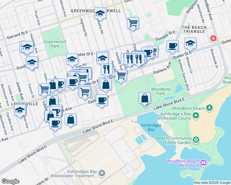 map of restaurants, bars, coffee shops, grocery stores, and more near in Toronto