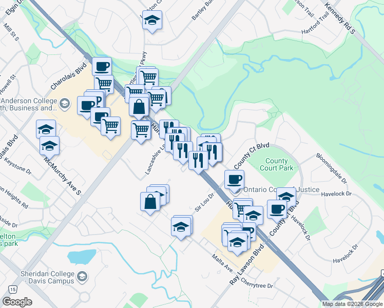 map of restaurants, bars, coffee shops, grocery stores, and more near 87 Stornwood Court in Brampton