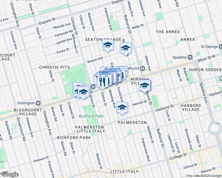 map of restaurants, bars, coffee shops, grocery stores, and more near 657 Manning Avenue in Toronto