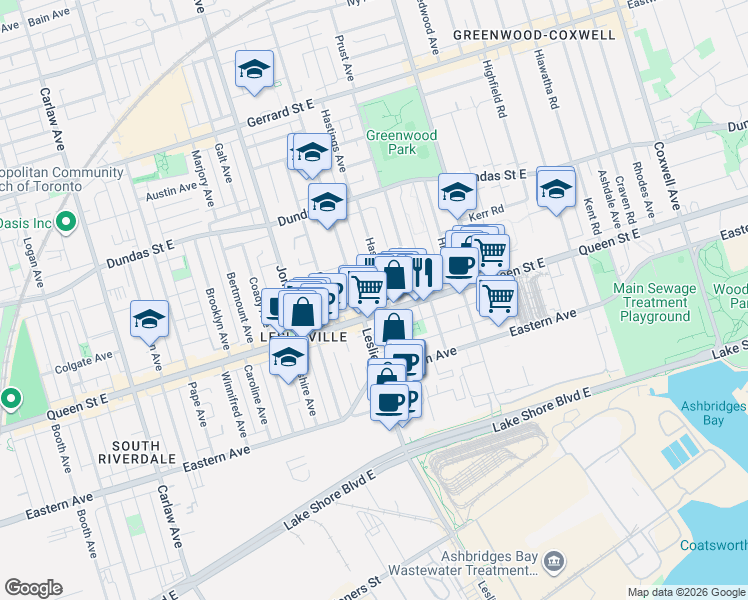 map of restaurants, bars, coffee shops, grocery stores, and more near 12R Hastings Avenue in Toronto