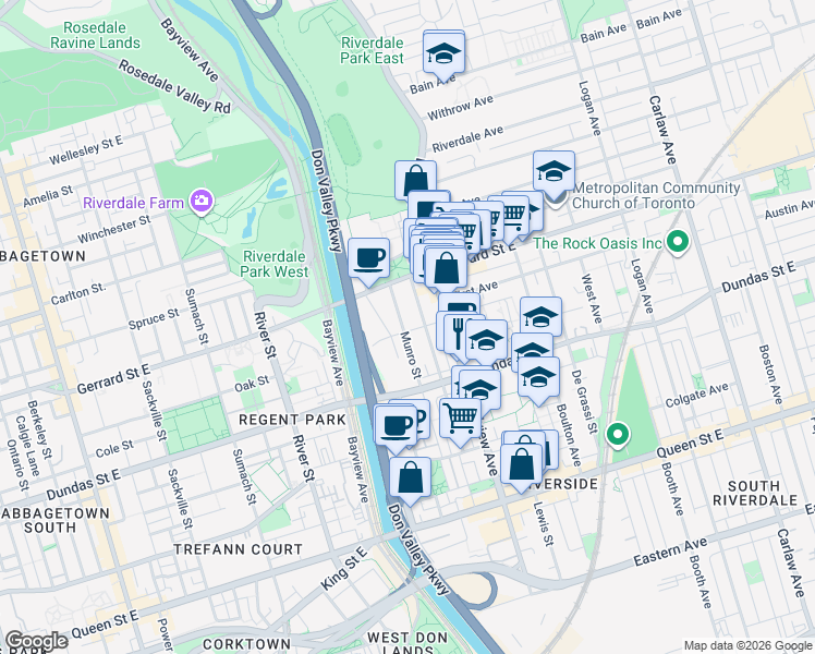 map of restaurants, bars, coffee shops, grocery stores, and more near 195 Munro Street in Toronto