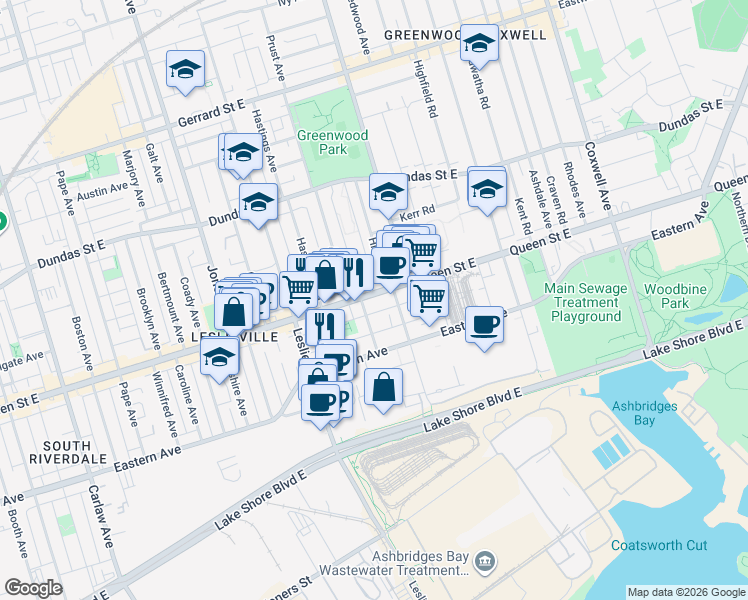 map of restaurants, bars, coffee shops, grocery stores, and more near 1331 Queen Street East in Toronto