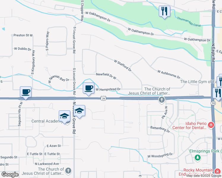 map of restaurants, bars, coffee shops, grocery stores, and more near 1141 West Hempstead Drive in Eagle