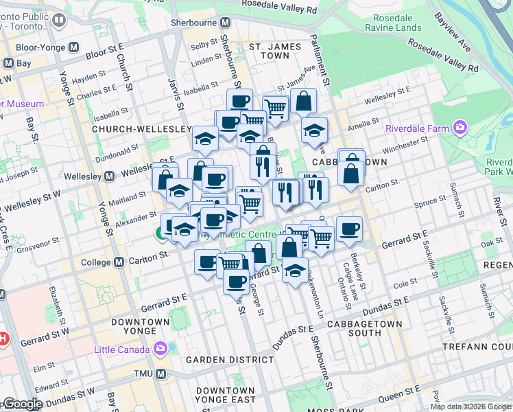 map of restaurants, bars, coffee shops, grocery stores, and more near 21 Homewood Avenue in Toronto