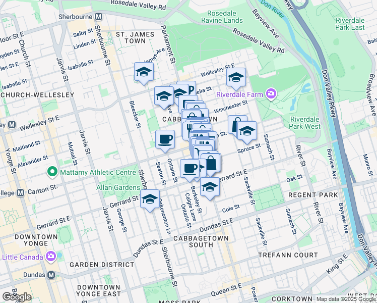 map of restaurants, bars, coffee shops, grocery stores, and more near in Toronto