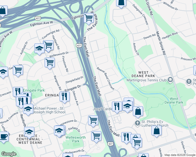 map of restaurants, bars, coffee shops, grocery stores, and more near in Toronto