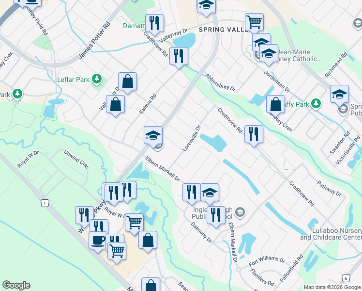 map of restaurants, bars, coffee shops, grocery stores, and more near 3 Lavallee Crescent in Brampton