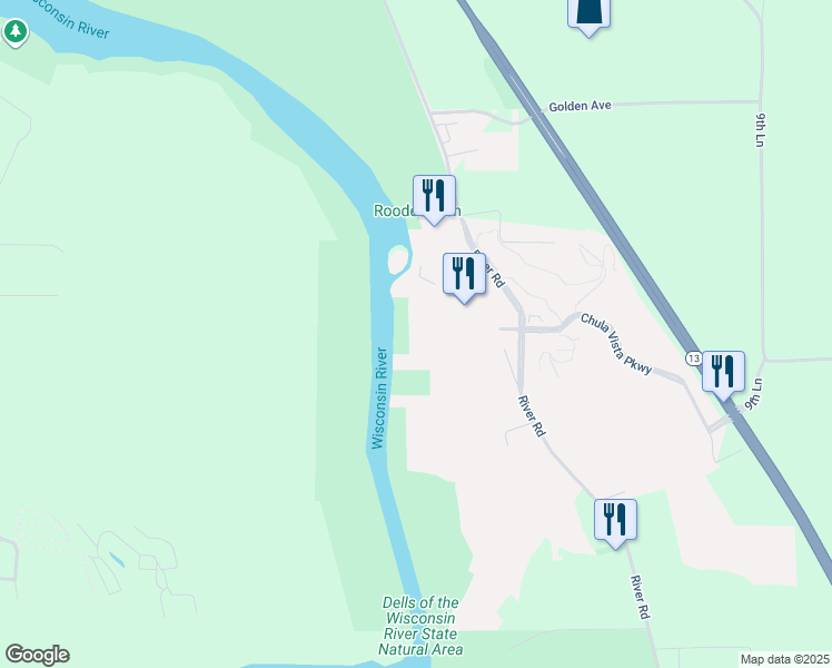 map of restaurants, bars, coffee shops, grocery stores, and more near 2411 River Road in Wisconsin Dells