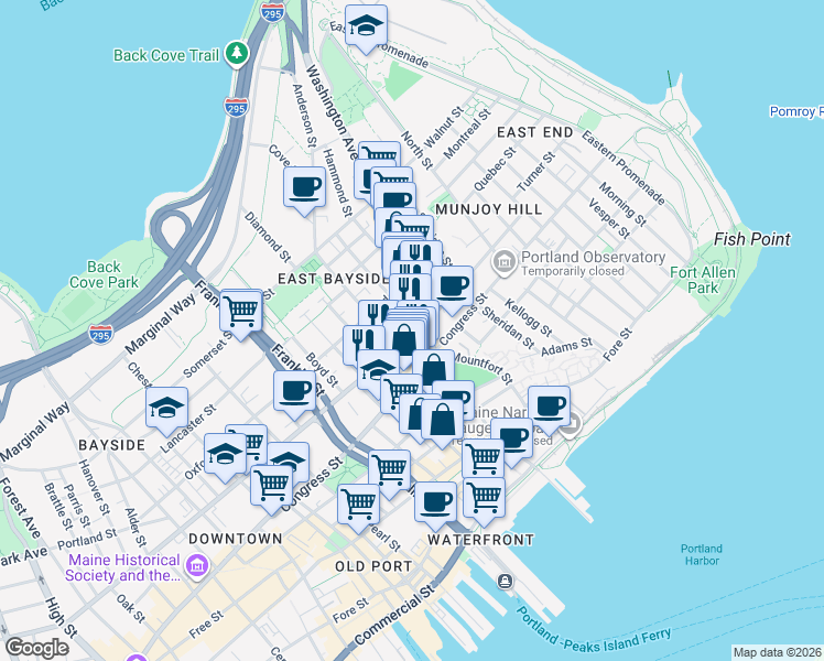 map of restaurants, bars, coffee shops, grocery stores, and more near 119 Cumberland Avenue in Portland