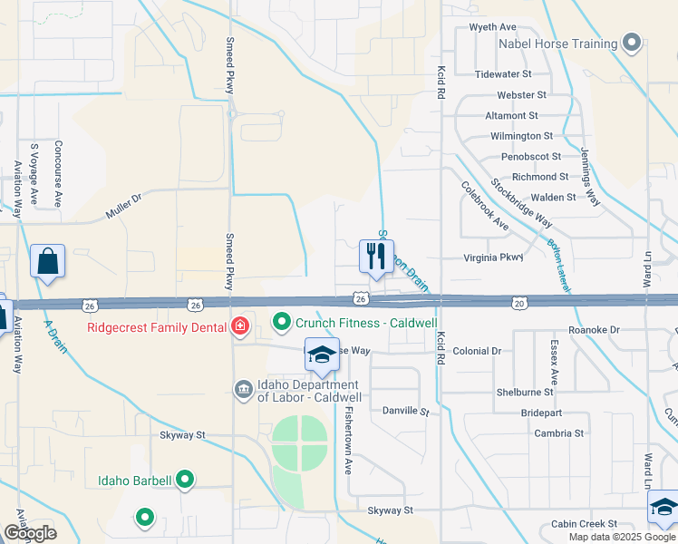 map of restaurants, bars, coffee shops, grocery stores, and more near 715 Borchers Lane in Caldwell