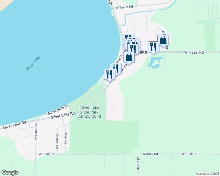 map of restaurants, bars, coffee shops, grocery stores, and more near 8597 Silver Lake Road in Mears