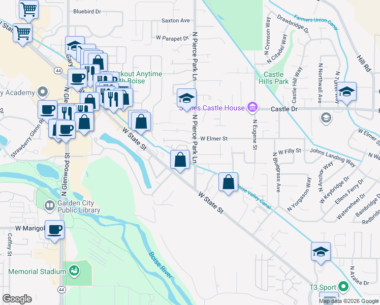 map of restaurants, bars, coffee shops, grocery stores, and more near 6474 West Lucky Lane in Boise