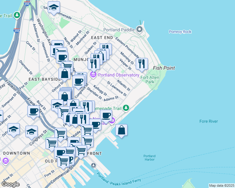 map of restaurants, bars, coffee shops, grocery stores, and more near 8 Adams Street in Portland