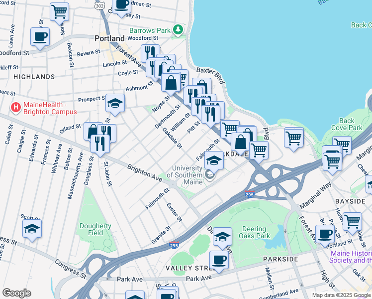 map of restaurants, bars, coffee shops, grocery stores, and more near 70 Fessenden Street in Portland