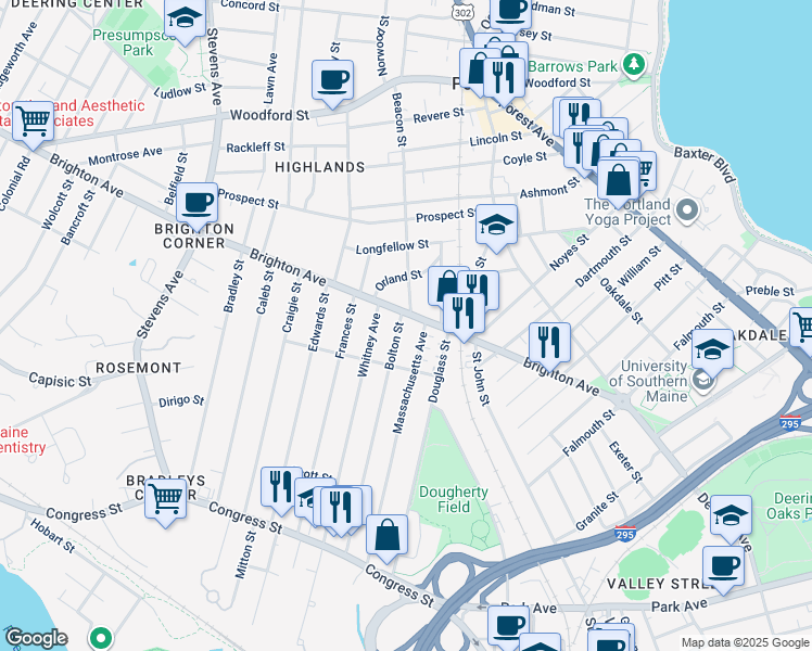 map of restaurants, bars, coffee shops, grocery stores, and more near 194 Massachusetts Avenue in Portland
