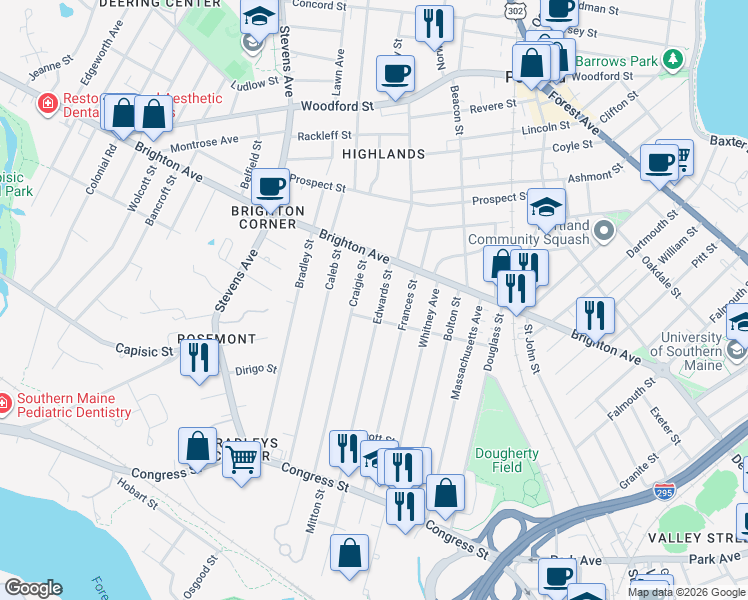 map of restaurants, bars, coffee shops, grocery stores, and more near 165 Craigie Street in Portland