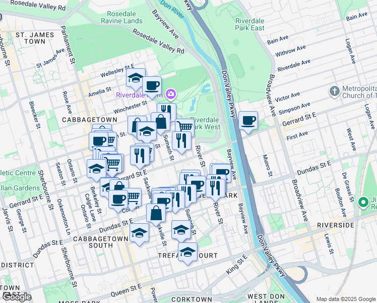 map of restaurants, bars, coffee shops, grocery stores, and more near in Toronto