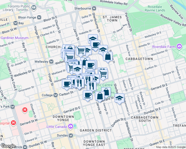 map of restaurants, bars, coffee shops, grocery stores, and more near 437 Jarvis Street in Toronto