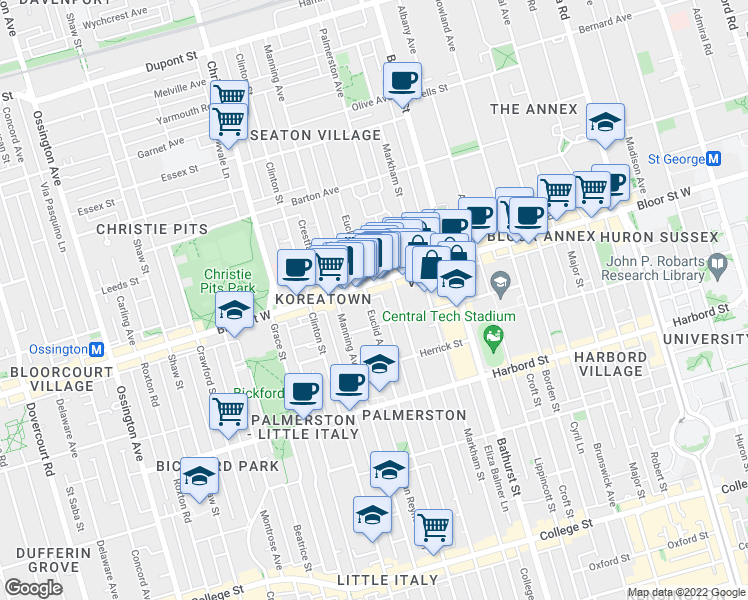 map of restaurants, bars, coffee shops, grocery stores, and more near 645 Bloor Street West in Toronto