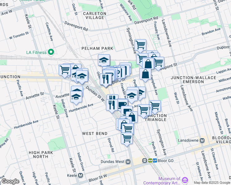 map of restaurants, bars, coffee shops, grocery stores, and more near 75 Edwin Avenue in Toronto