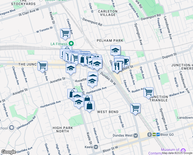 map of restaurants, bars, coffee shops, grocery stores, and more near in Toronto