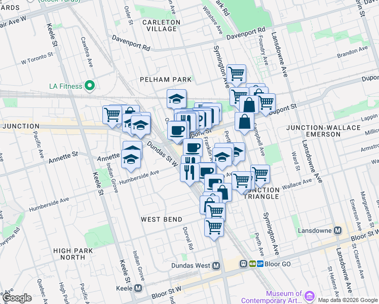 map of restaurants, bars, coffee shops, grocery stores, and more near 86 Edwin Avenue in Toronto