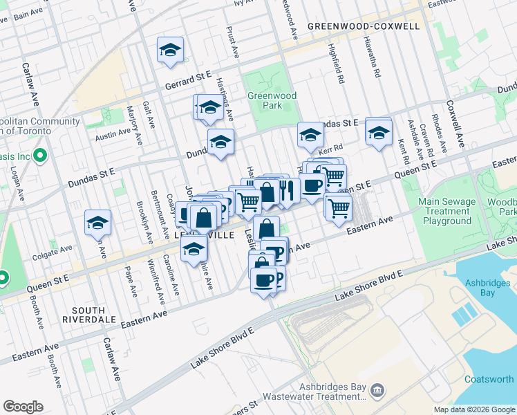 map of restaurants, bars, coffee shops, grocery stores, and more near 12 Hastings Avenue in Toronto