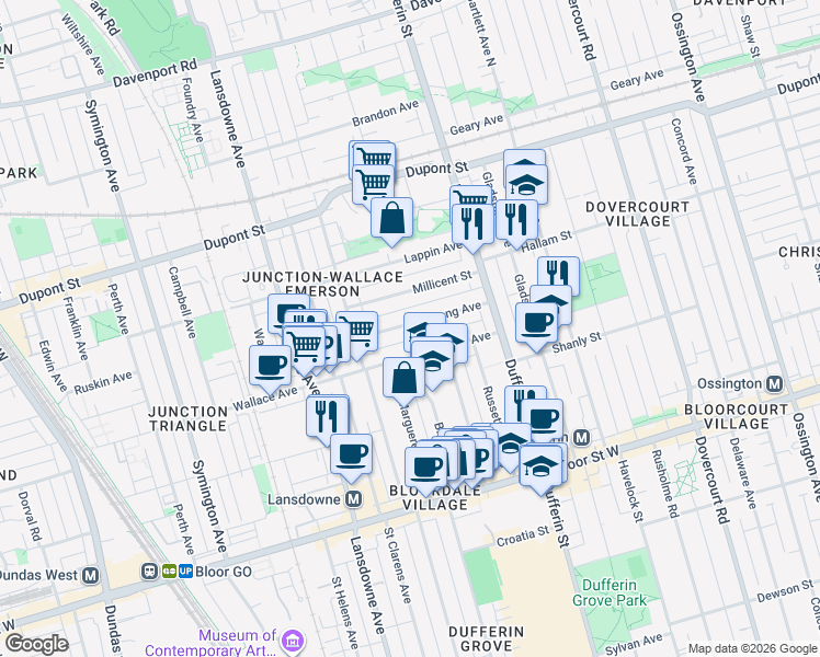 map of restaurants, bars, coffee shops, grocery stores, and more near 71 Armstrong Avenue in Toronto