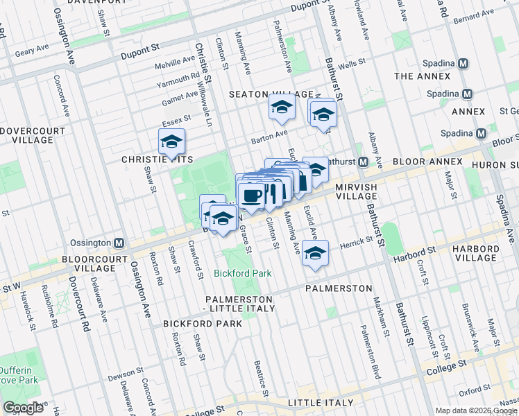 map of restaurants, bars, coffee shops, grocery stores, and more near in Toronto
