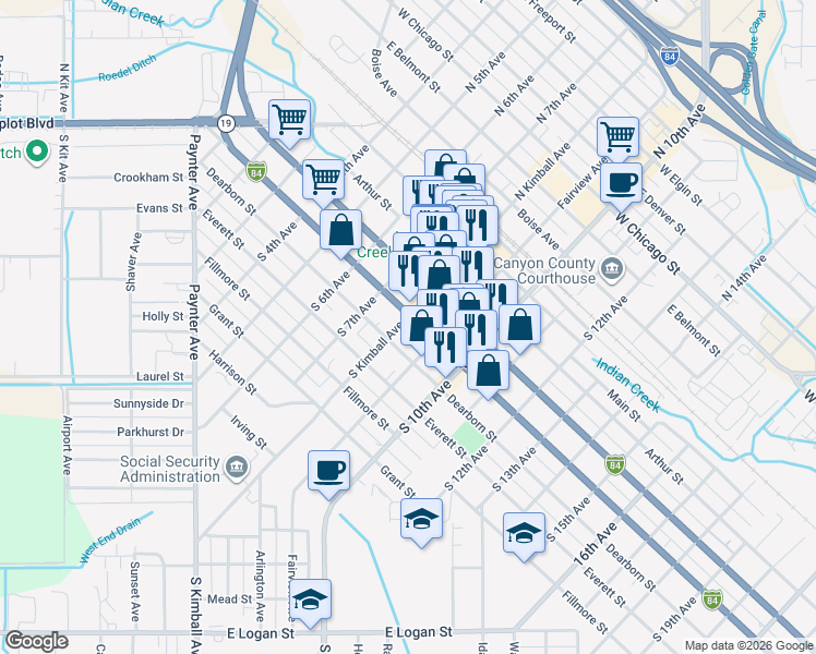 map of restaurants, bars, coffee shops, grocery stores, and more near 418 South 9th Avenue in Caldwell