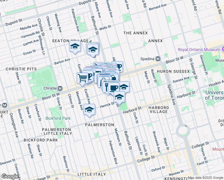 map of restaurants, bars, coffee shops, grocery stores, and more near in Toronto