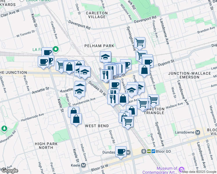 map of restaurants, bars, coffee shops, grocery stores, and more near in Toronto