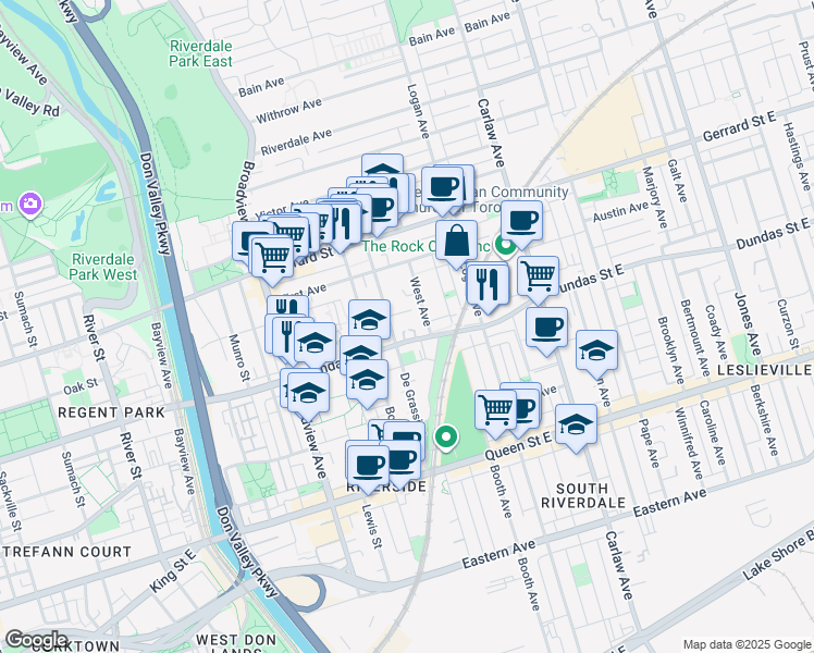 map of restaurants, bars, coffee shops, grocery stores, and more near 1000 Dundas Street East in Toronto