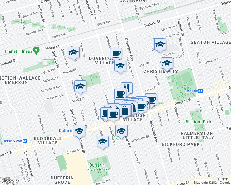 map of restaurants, bars, coffee shops, grocery stores, and more near 861 Dovercourt Road in Toronto