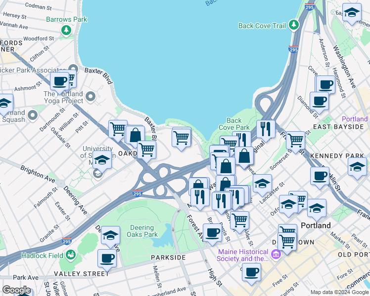 map of restaurants, bars, coffee shops, grocery stores, and more near 295 Forest Avenue in Portland