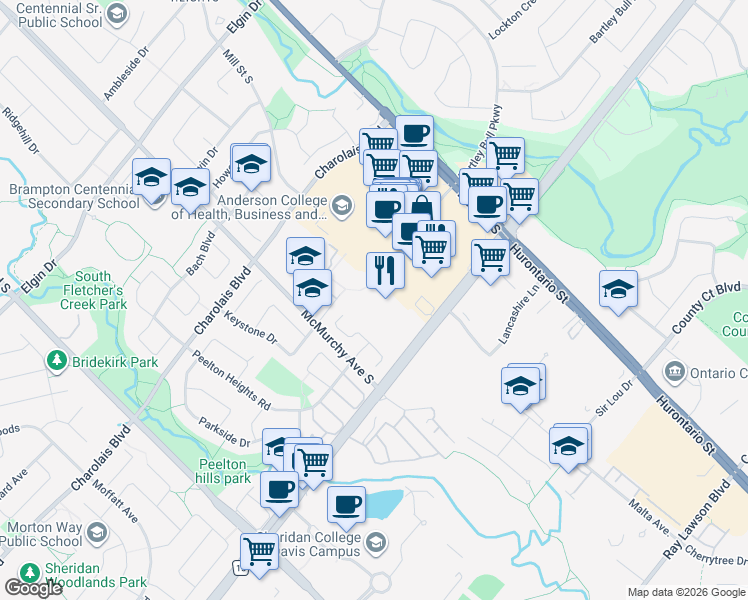 map of restaurants, bars, coffee shops, grocery stores, and more near 210 Steeles Avenue West in Brampton