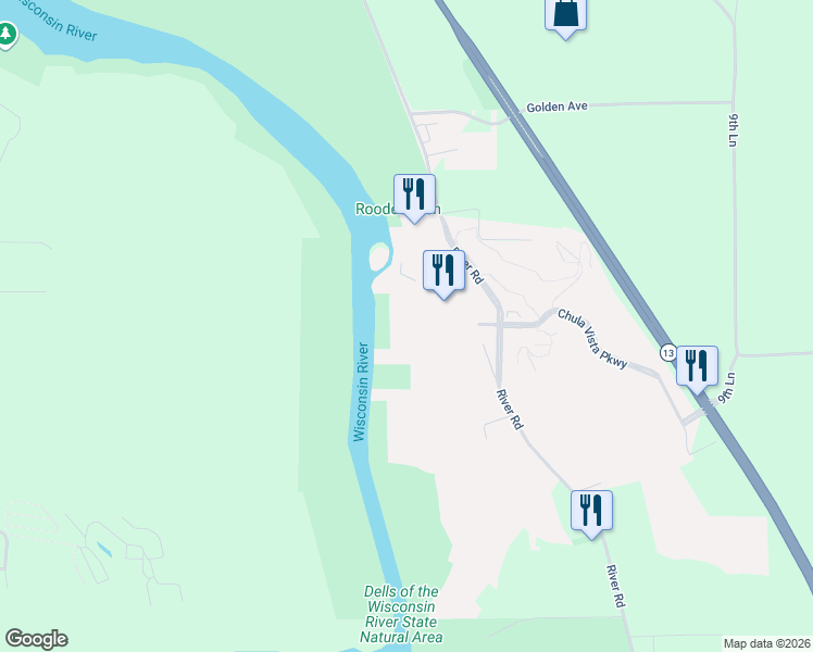 map of restaurants, bars, coffee shops, grocery stores, and more near 2411 River Road in Wisconsin Dells