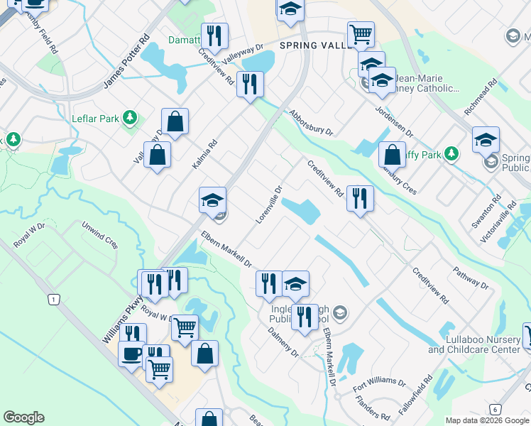 map of restaurants, bars, coffee shops, grocery stores, and more near Lorenville Drive in Brampton