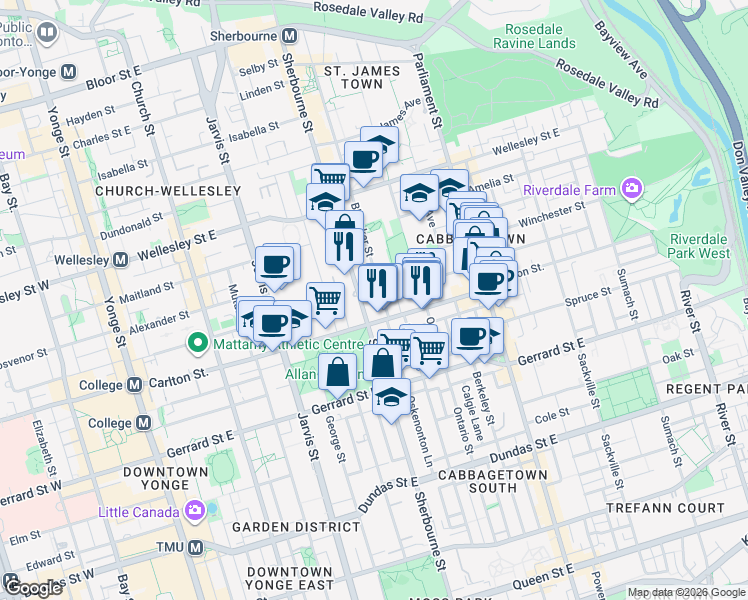 map of restaurants, bars, coffee shops, grocery stores, and more near in Toronto