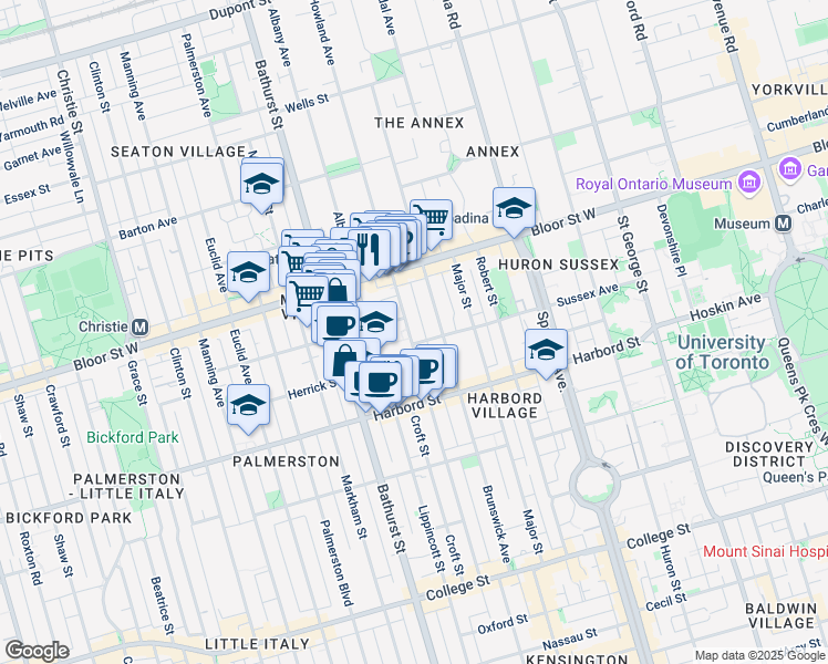 map of restaurants, bars, coffee shops, grocery stores, and more near 217 Borden Street in Toronto