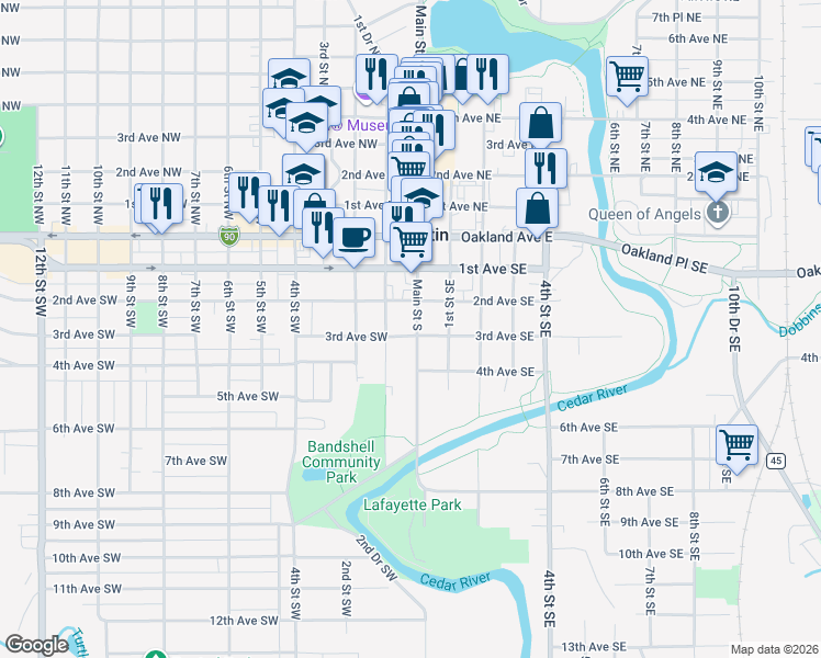 map of restaurants, bars, coffee shops, grocery stores, and more near 310 Main Street South in Austin