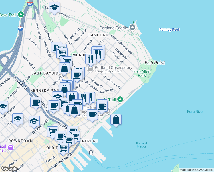map of restaurants, bars, coffee shops, grocery stores, and more near 40 Waterville Street in Portland